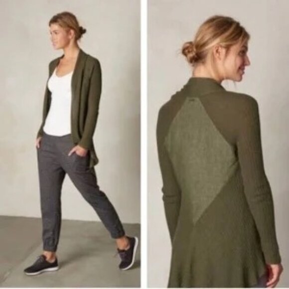 Prana Olive Green Open Front Diamond Cardigan Sweater Med Hemp/Organic Cotton - Picture 1 of 14